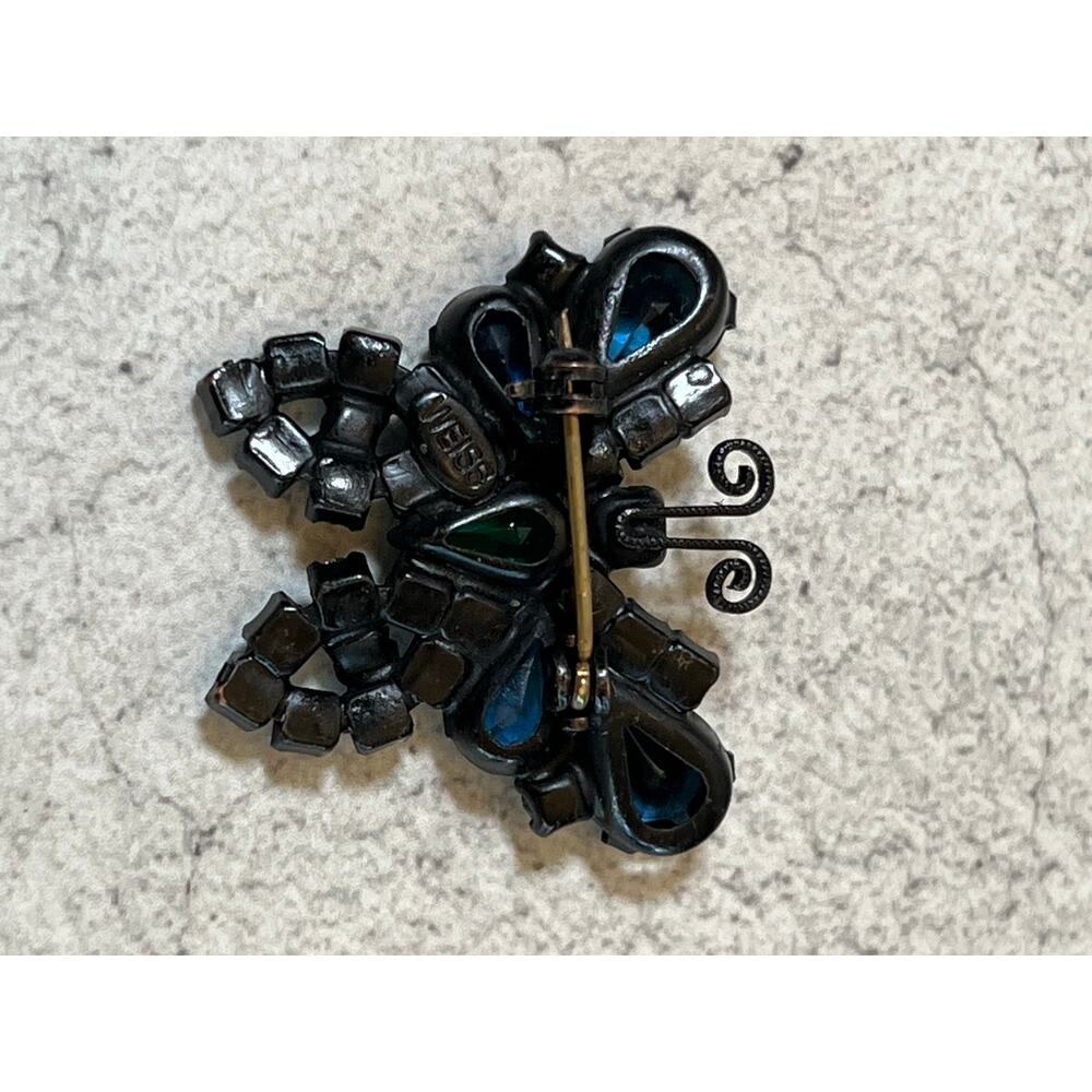 Vintage Weiss sign butterfly brooch blue green turquoise gunmetal pin figural - Picture 5 of 5